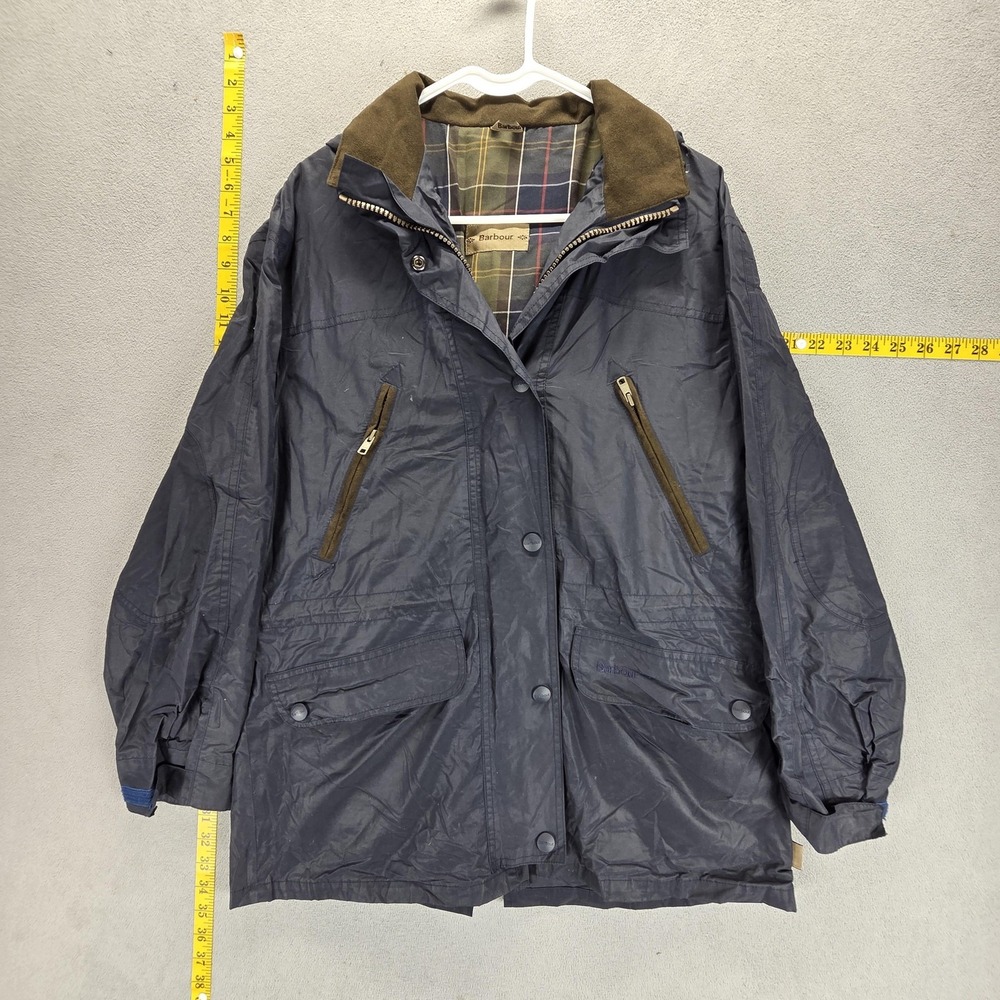 Vintage Barbour Jacket Womens 8 Blue Waxed Coldstream Hooded Tartan Parka Coat
